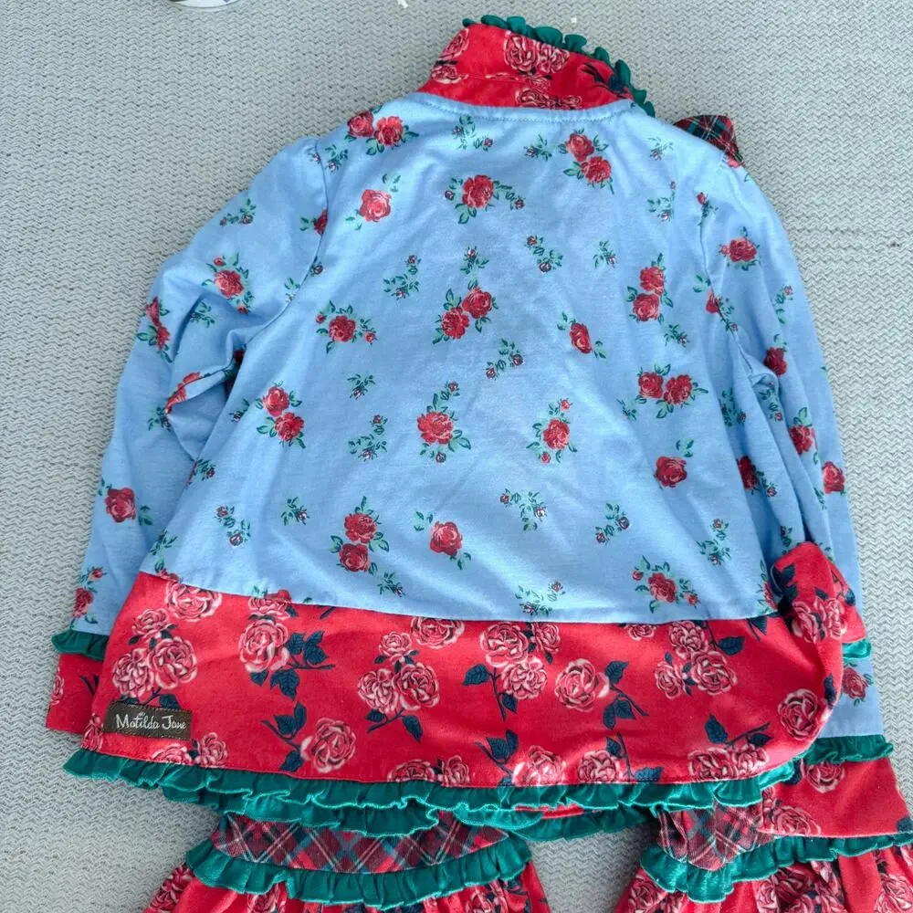 Matilda Jane Blue Red Green Plaid + Floral Flared Two Piece Pajamas 4 Christmas